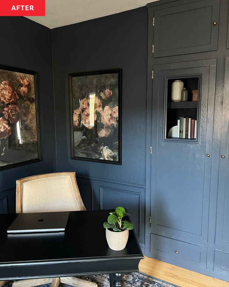 After: A blue office with framed art on the walls