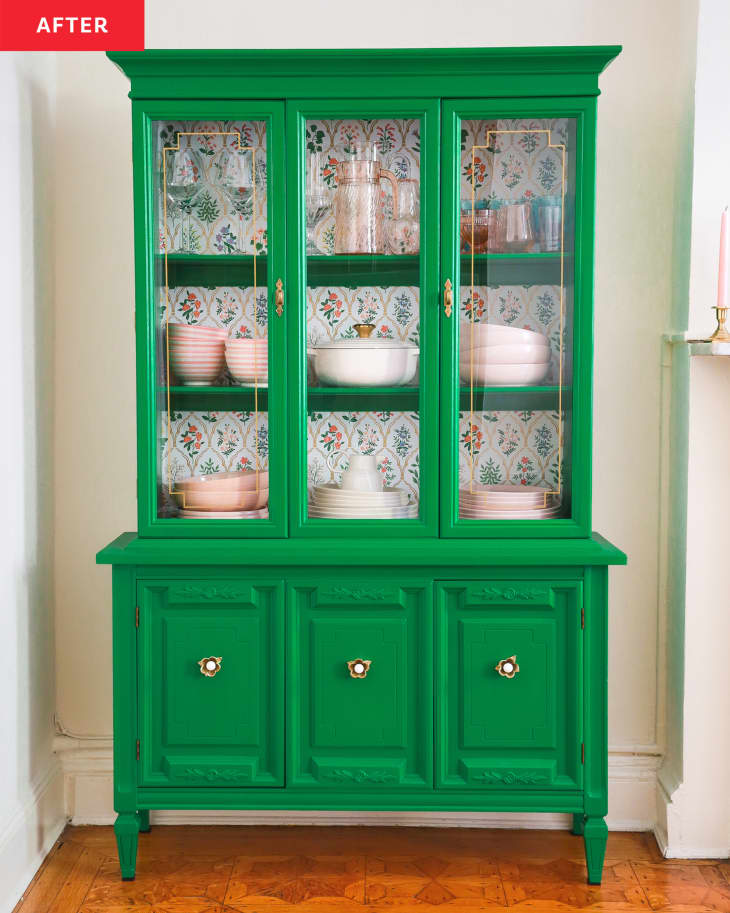 After: a green hutch with three shelves holding cookware