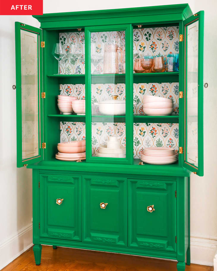 After: an open green hutch with glass door on top and wooden cabinets on the bottom
