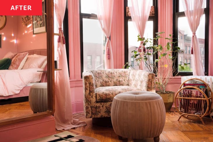After: a pink wall with bay windows