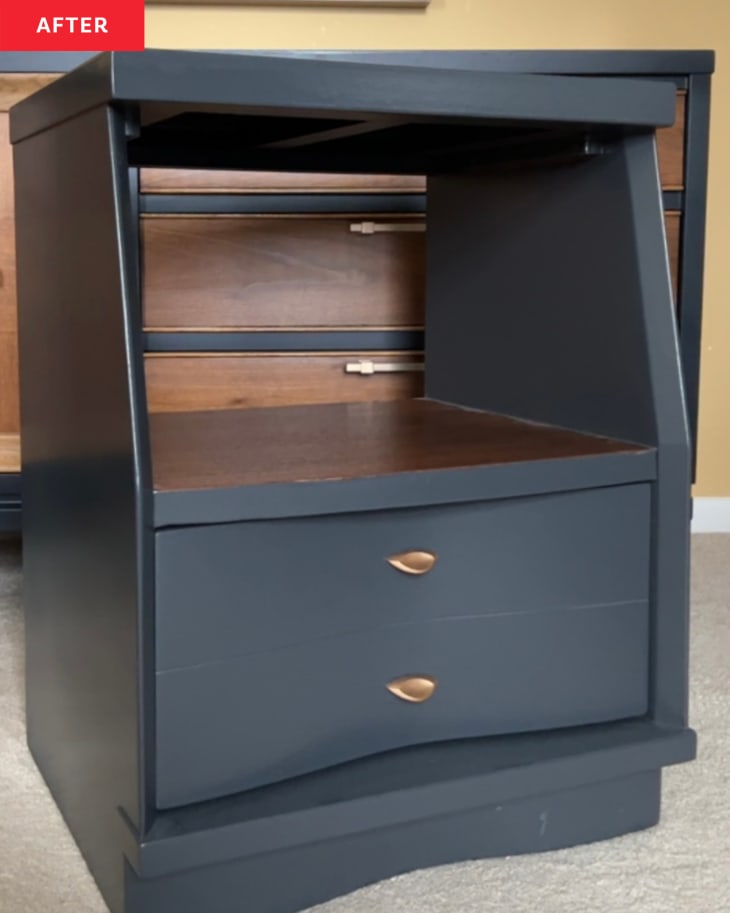 After: a black nightstand with bronze handles