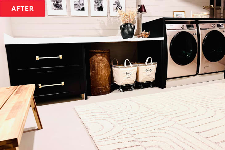 Donna Malenchini's laundry room after renovation. Featuring work surface with storage underneath, and light colored rug.