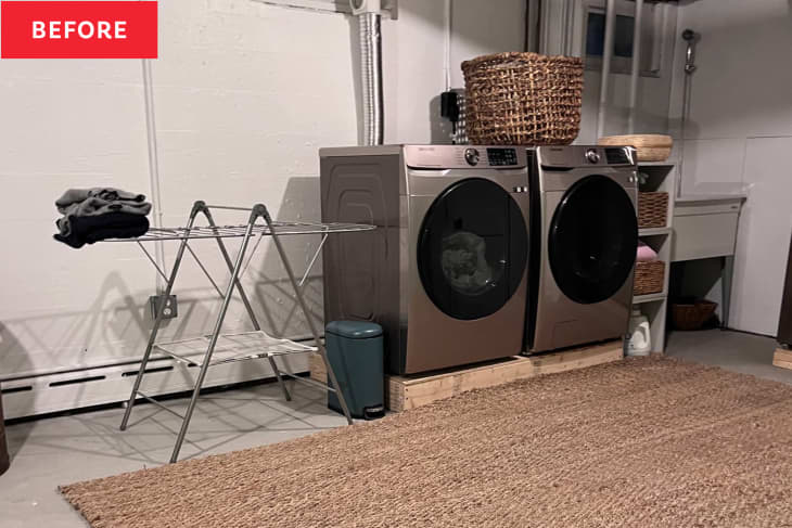Before image of Donna Malenchini's laundry room before renovating. The room features a natural woven sisal or jute rug, new laundry appliances, and woven laundry basket.