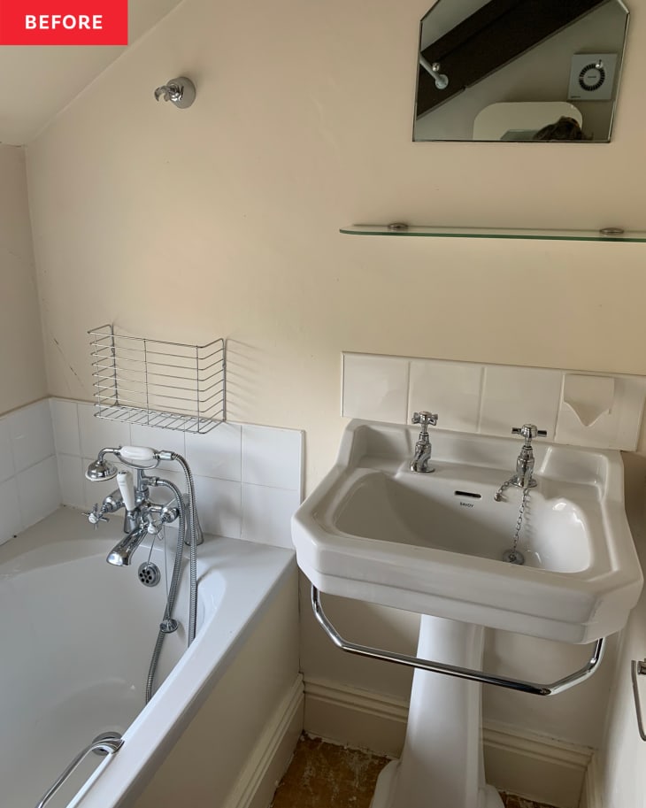 Before: a white bathroom with a white tub and white sink