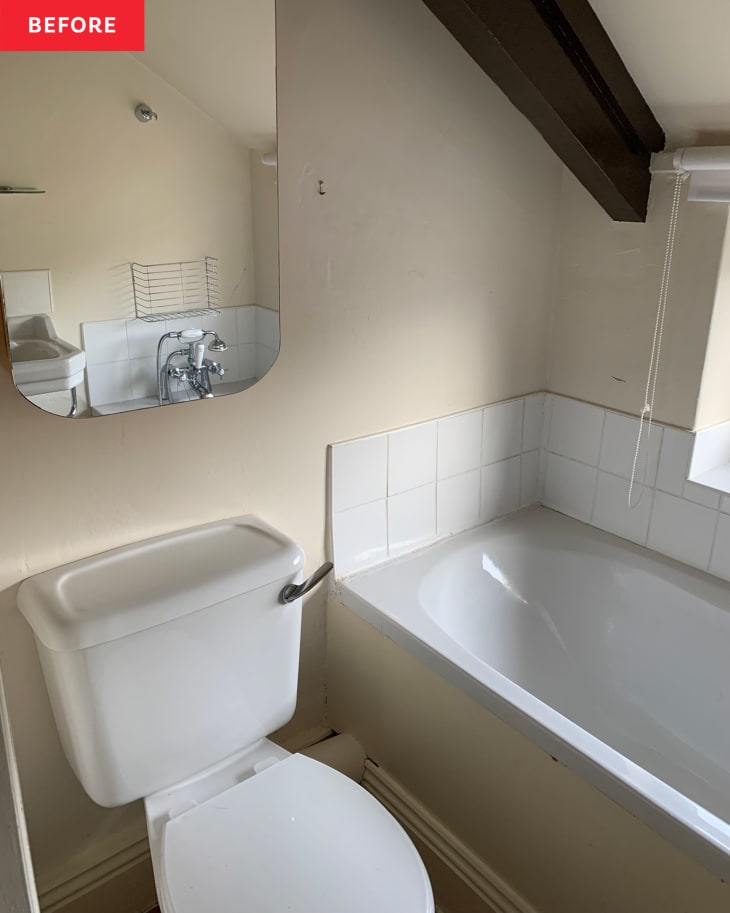 Before: A white bathroom with a white toilet and tub