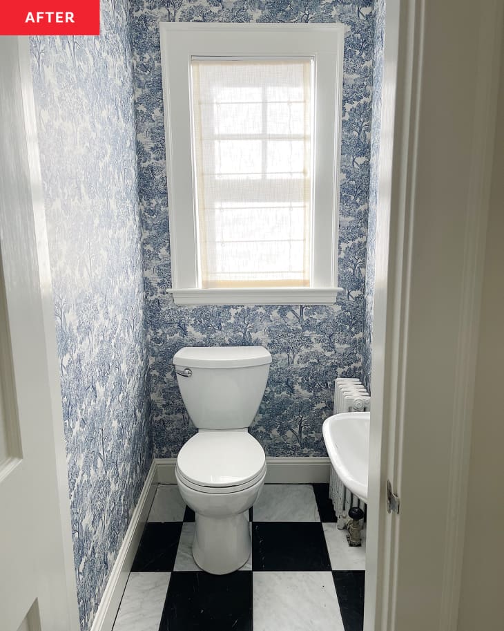 After: a bathroom with blue and white wallpaper and black and white checkered floors