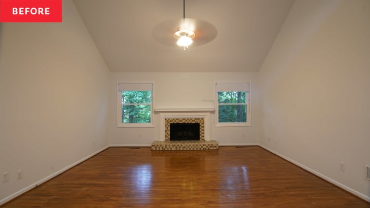 Before: Empty living room with cream-colored walls and a fireplace with a white mantel