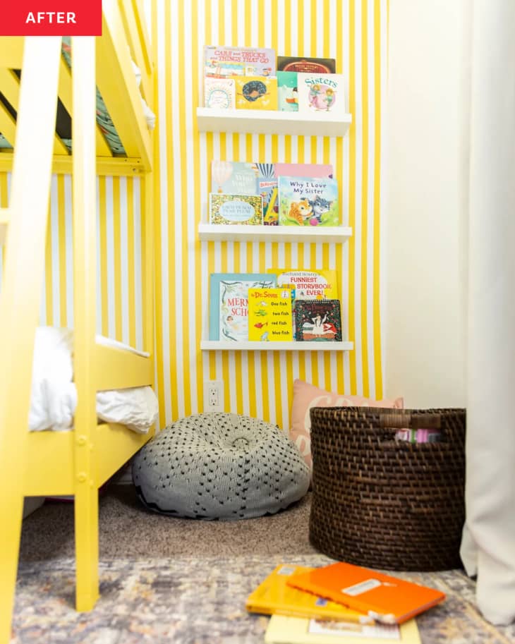 After: Yellow bunk bed in front of yellow striped wallpaper
