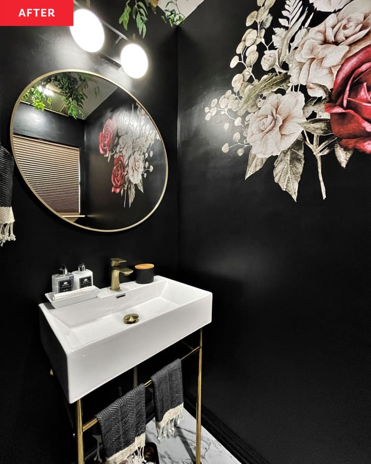 Photo of bathroom after renovation/remodel. Black walls with flowers painted, plants hanging from ceiling