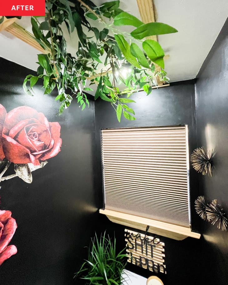 Photo of bathroom after renovation/remodel. Black walls with flowers painted, plants hanging from ceiling