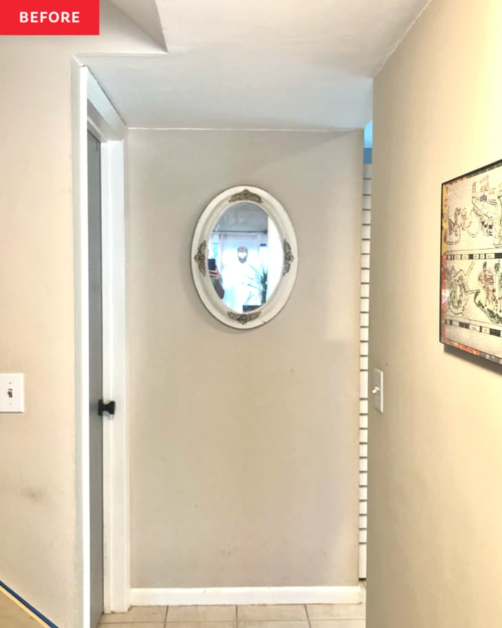 Before: a beige hallway with a white mirror on the wall