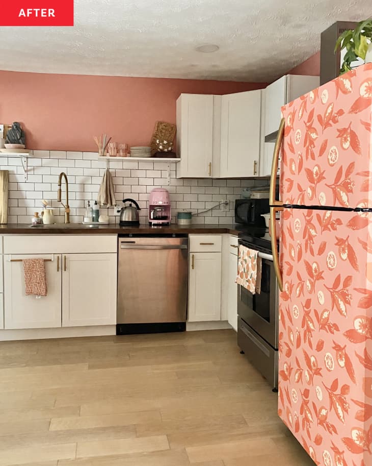 After: Pink kitchen with patterned fridge