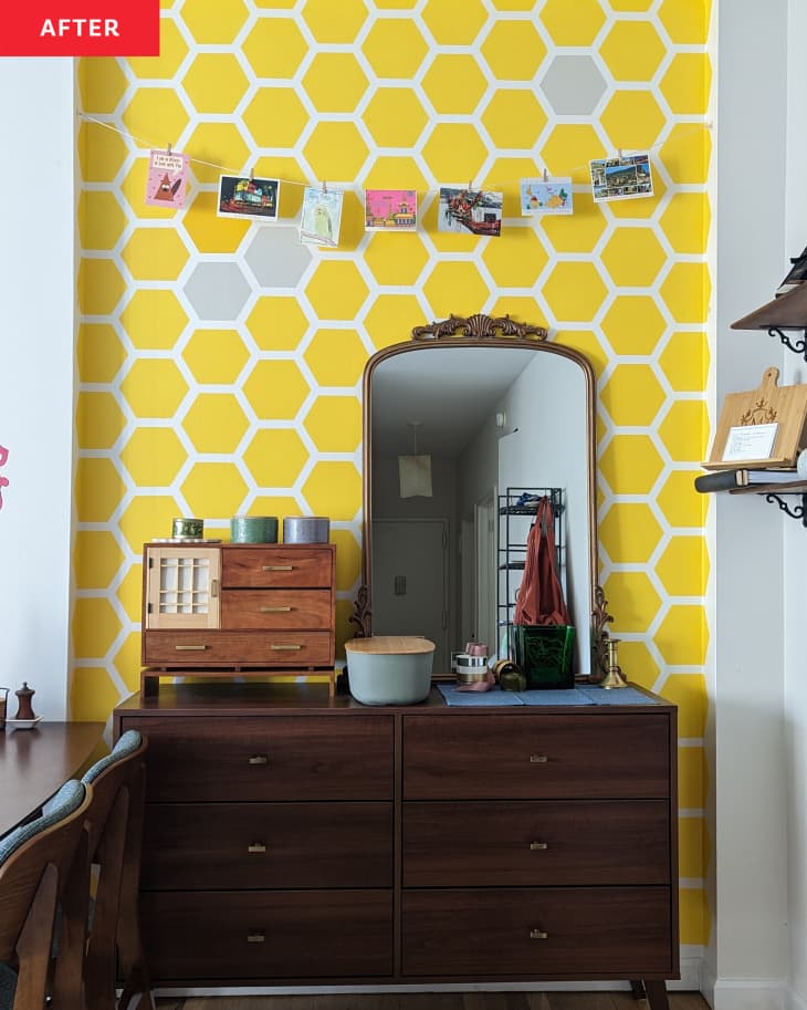 Honeycomb painted wall in dining room.