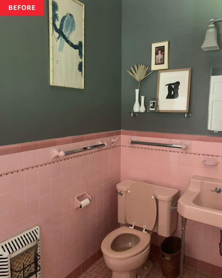 Vintage pink tiled bathroom with green painted walls before renovations.