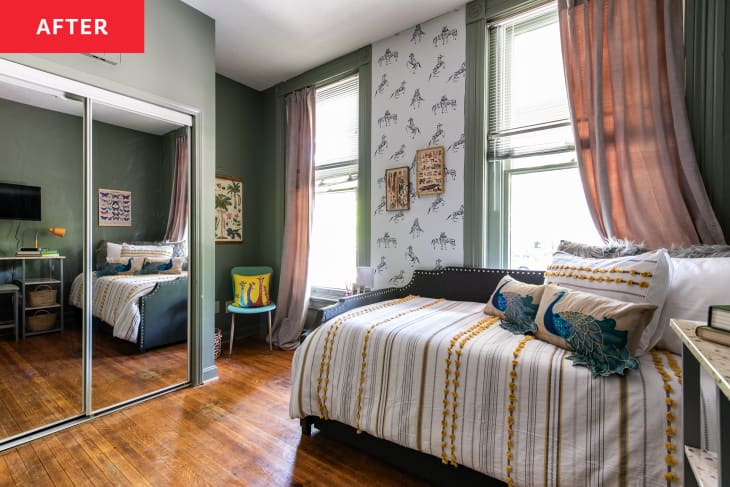 Colorful bedroom with zebra printed wallpaper, green painted walls and yellow and black bedding.
