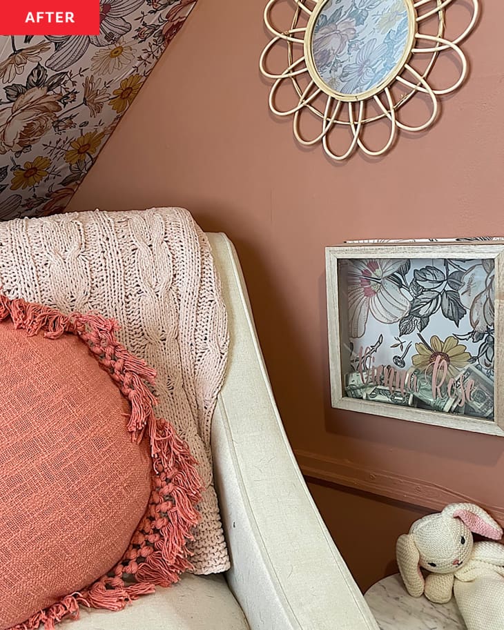 Under-stairs closet after remodeling - detail of cozy chair, wall decor