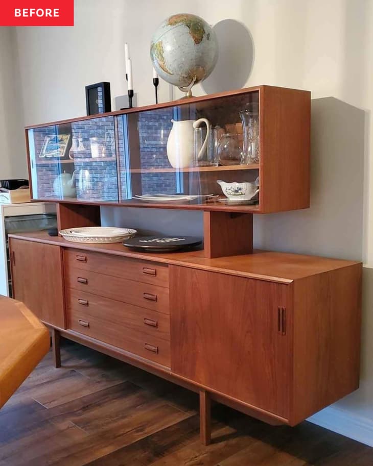 teak credenza with teak and glass cabinet above