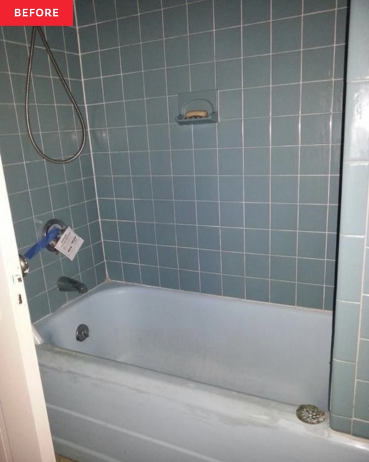 Before: Powder blue shower and tub