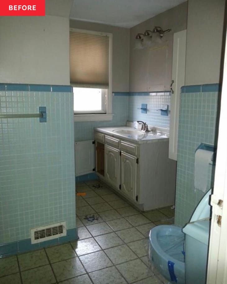 Dated blue tiled bathroom before renovations