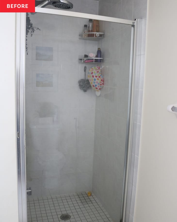 Stand up bathroom shower with glass door before renovation.