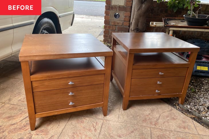 Two wooden bedside tables before renovation.