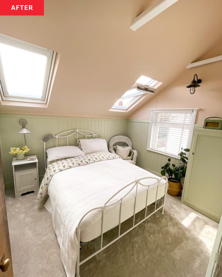 After: Pink and green bedroom with slanted ceilings