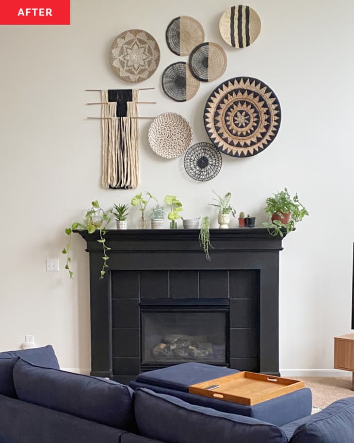 Area above fireplace decorated with woven baskets.