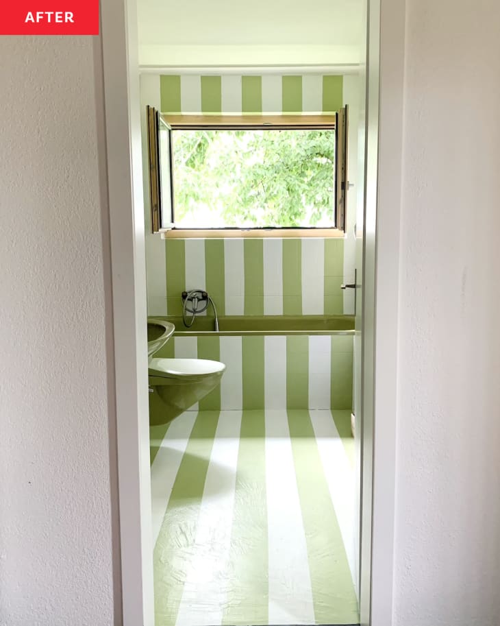 After: Green striped bathroom