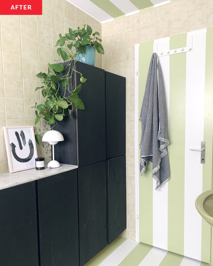 After: IKEA IVARS in green and white-striped bathroom