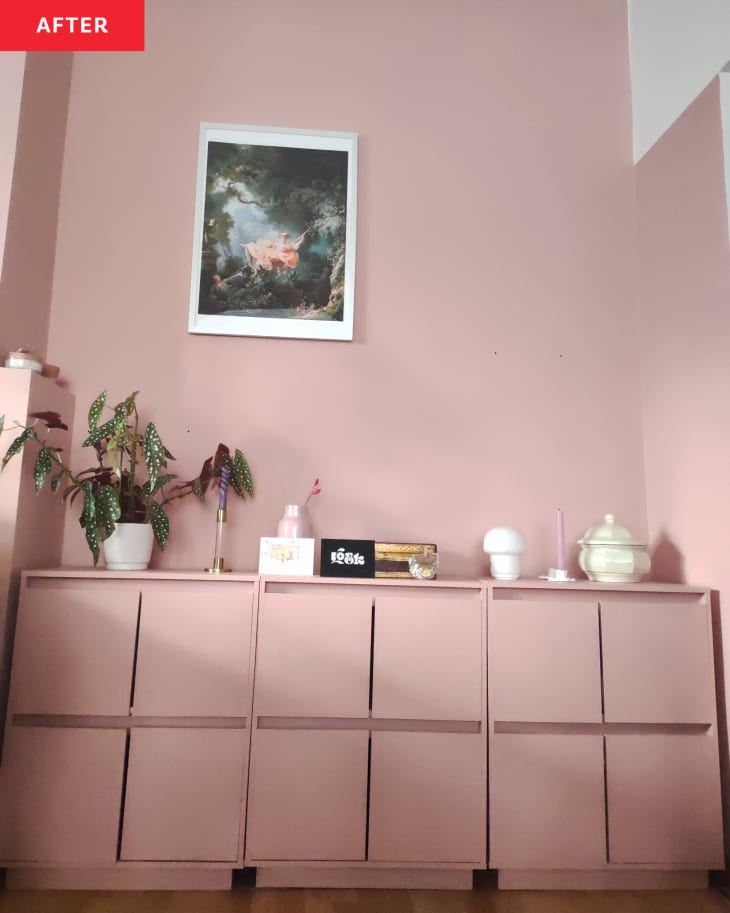 Pink corner cabinets after makeover