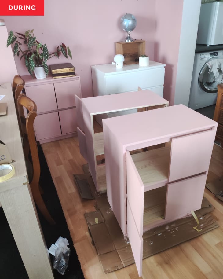 Pink corner cabinets during makeover