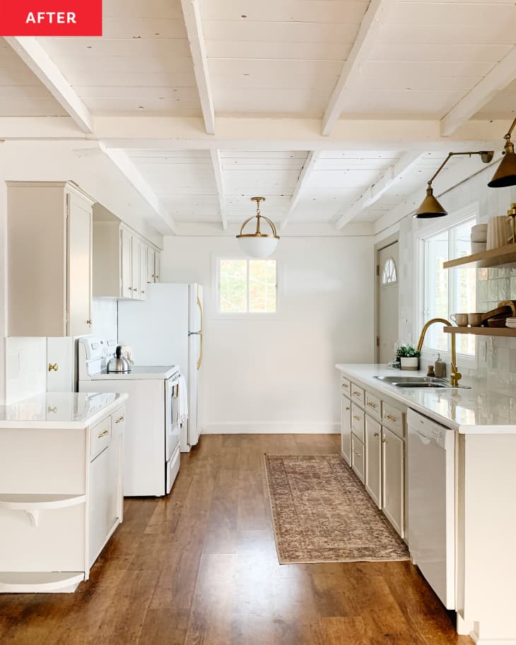 Airy, neutral colored kitchen after renovation.