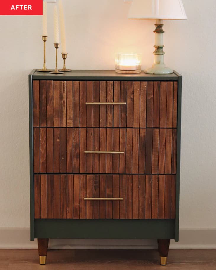 Ikea dresser after painting and adding wood paneling and new drawer pulls.