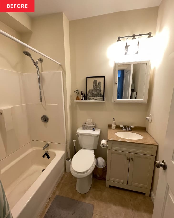 Bathroom before renovation with neutral colored vanity, flooring and art lined shelf above toilet.