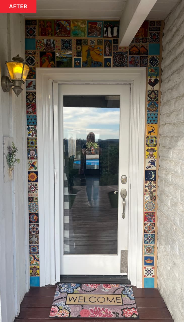 front door after renovation--homeowner added colorful tiles all the way around the door