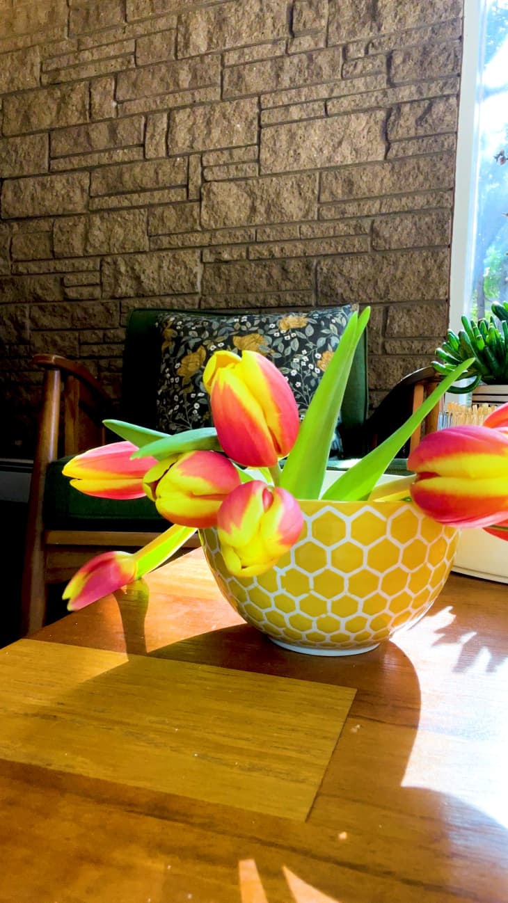 Tulips in bowl arrangement using floral frog.