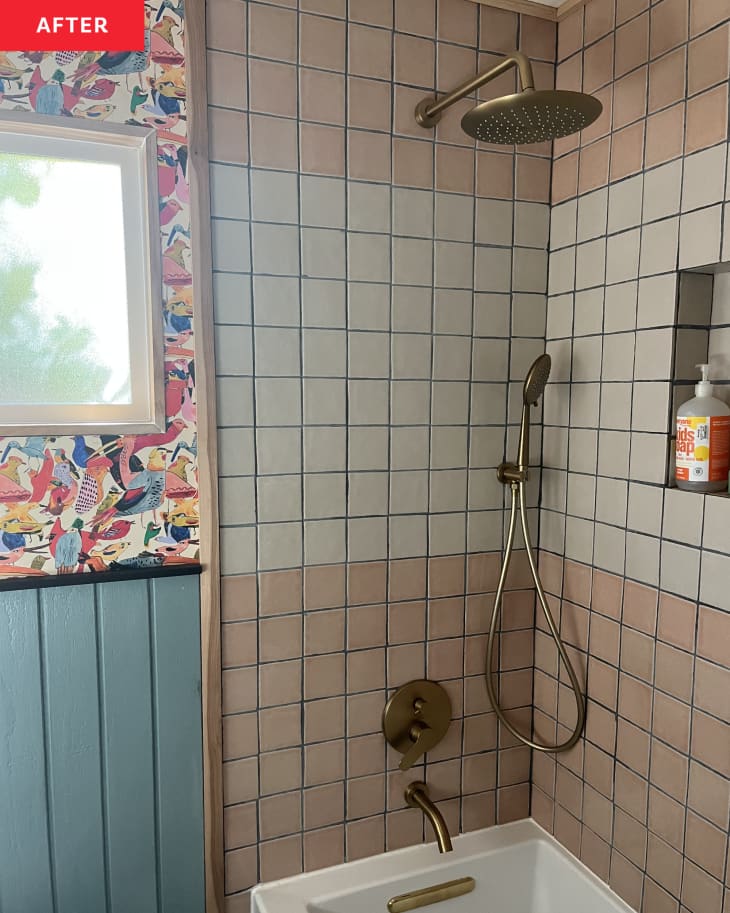 After: Pink and white square tiles in shower
