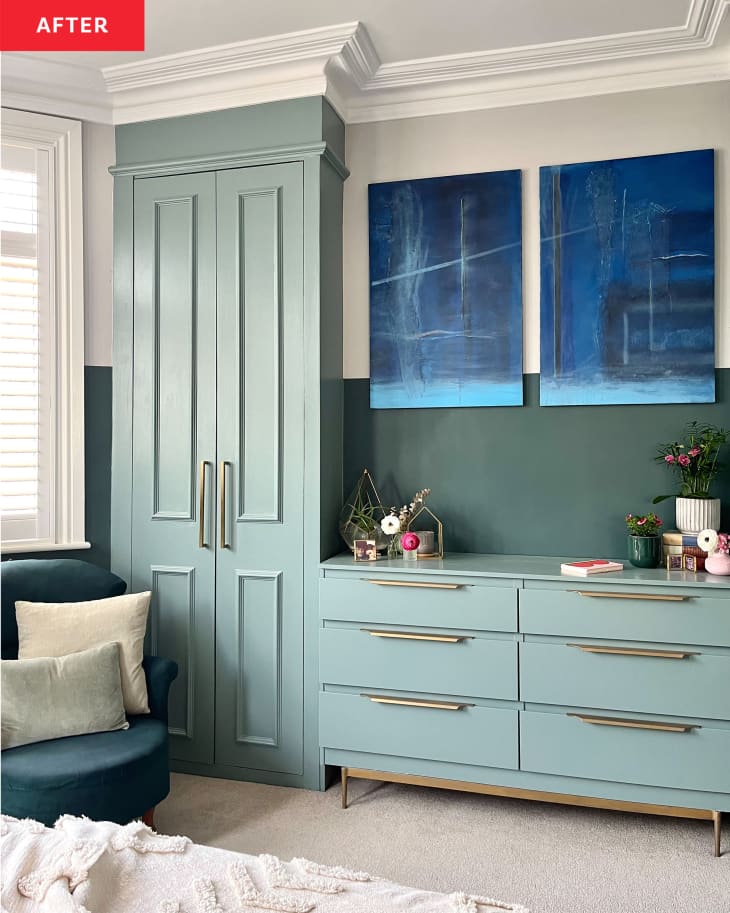 Detail of bedroom after makeover. Tall cabinet painted in a blue green color, with matching dresser. Darker blue accent chair with pillows, Blue diptych artwork over dresser