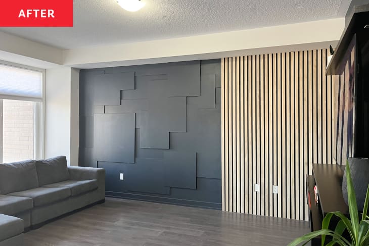 Black accent wall after re-painting, part of wall is wood slats