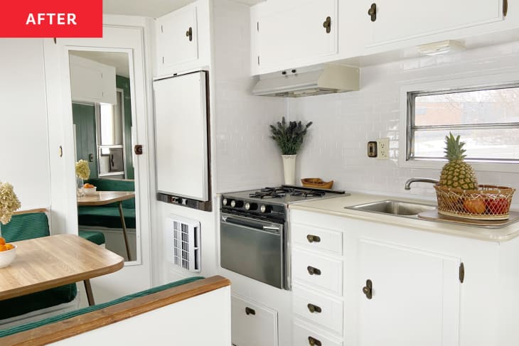 White kitchen in newly renovated camper.