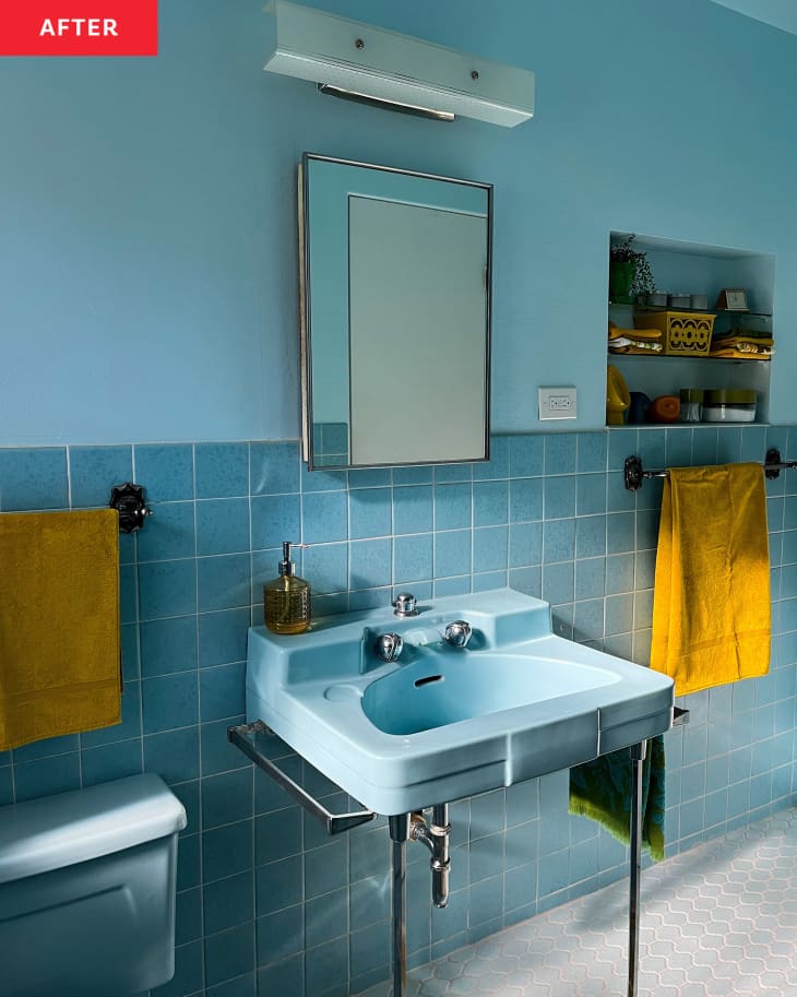Blue bathroom after restoration.
