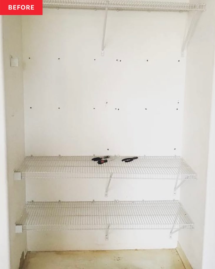 Before: an empty white closet with two wire shelves