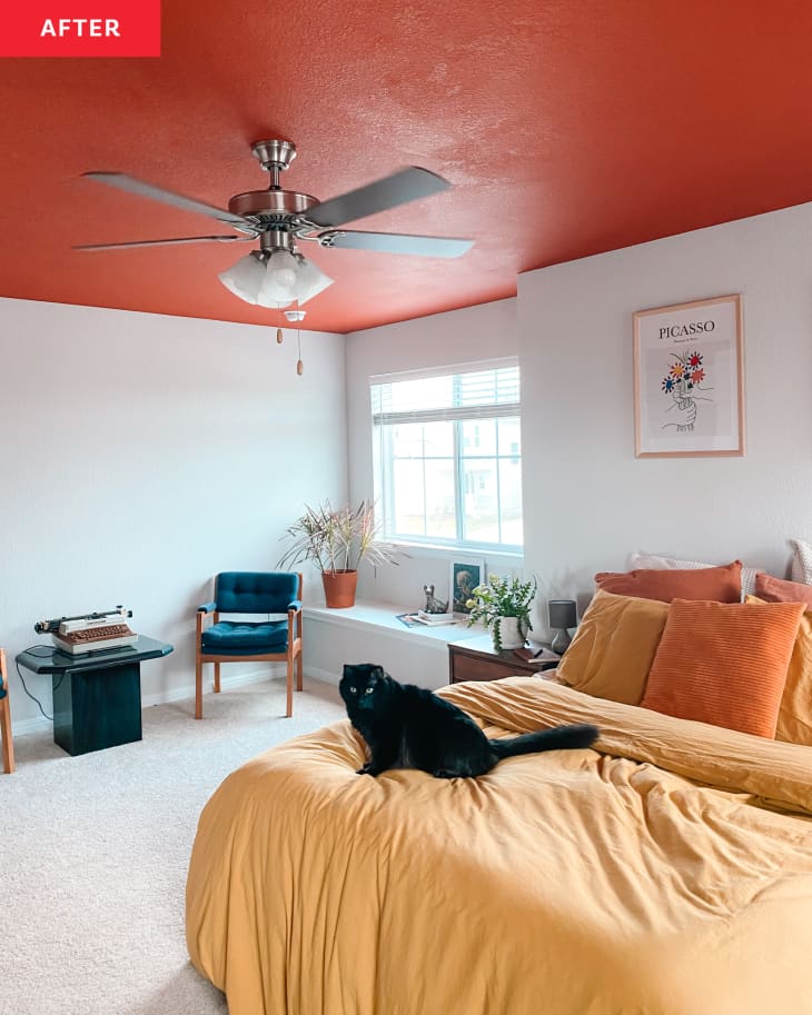 After: Large bedroom with orange ceiling
