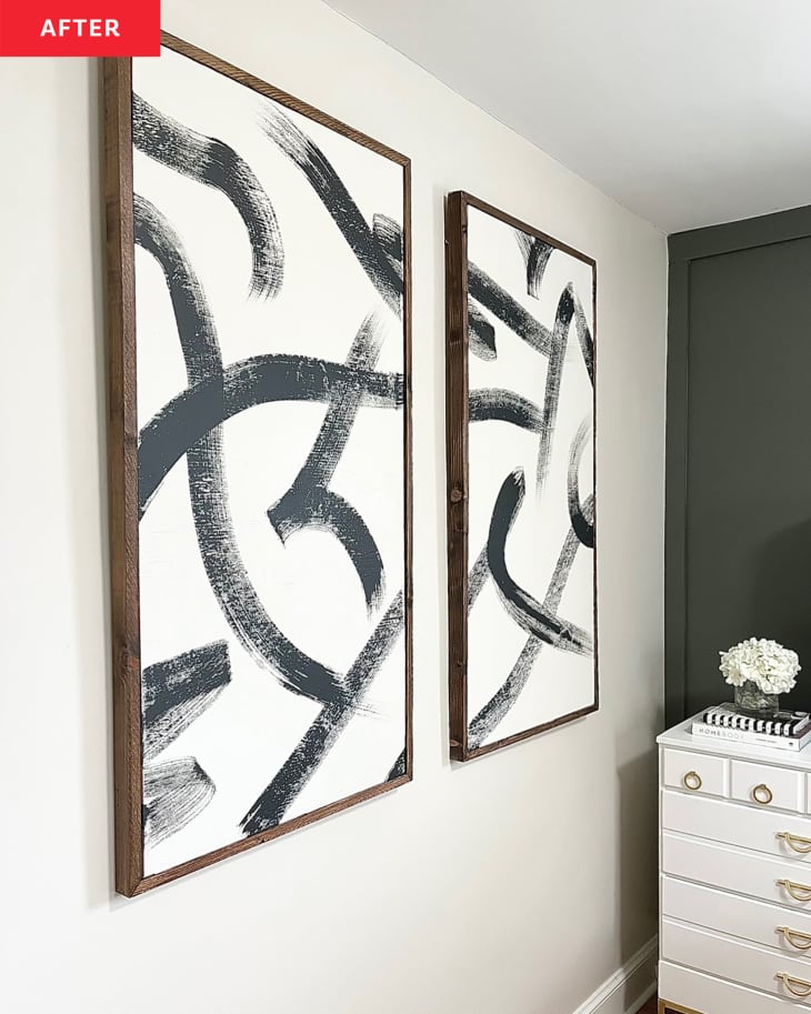 Abstract paintings hung side by side in newly renovated bedroom.