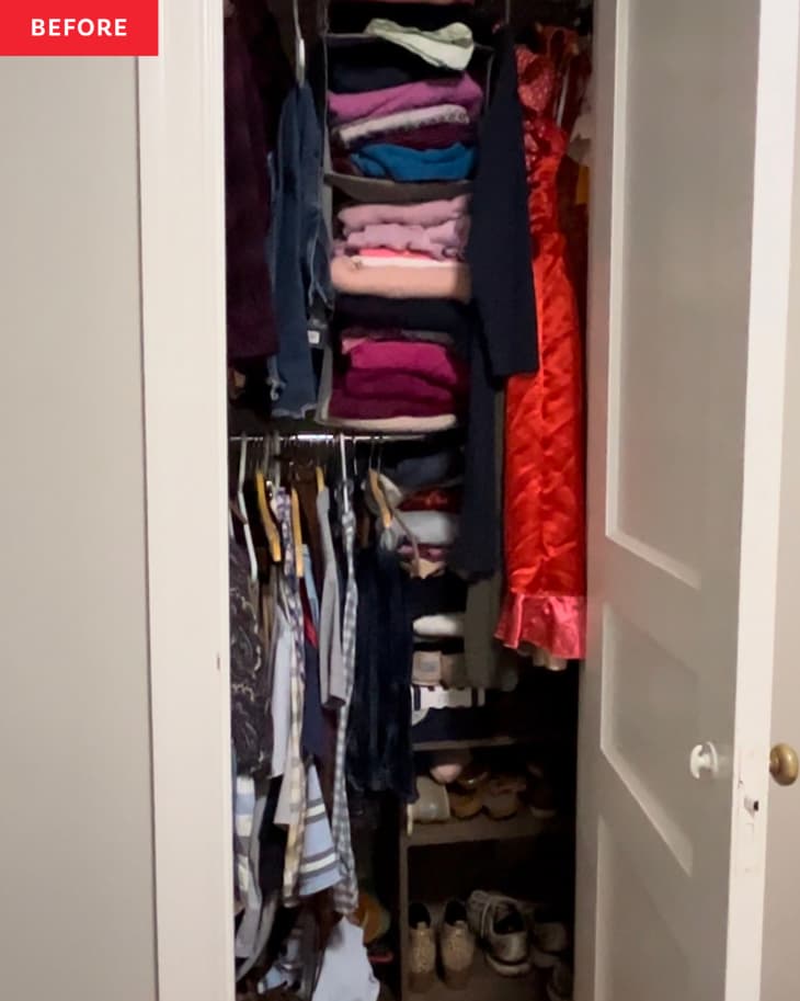 Disorganized closet before renovation.