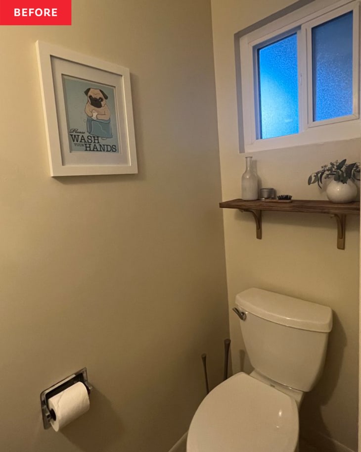 Before: a tan bathroom with a shelf above the toilet