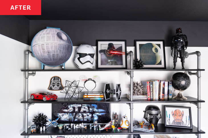 Metal shelves decorated with Star Wars themed toys in kid's bedroom.