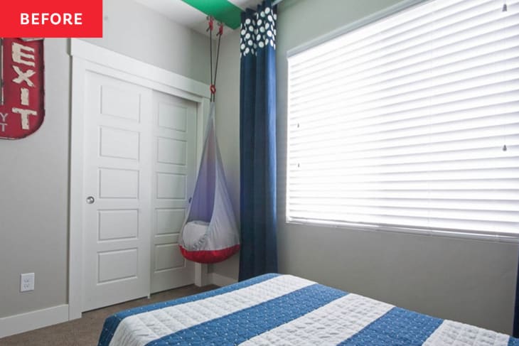 Basket hanging from wall in blue, green and white kid's bedroom before renovation.