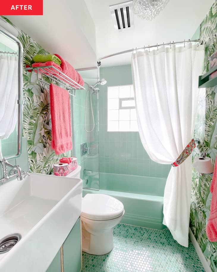 Colorful green and pink bathroom after renovation.