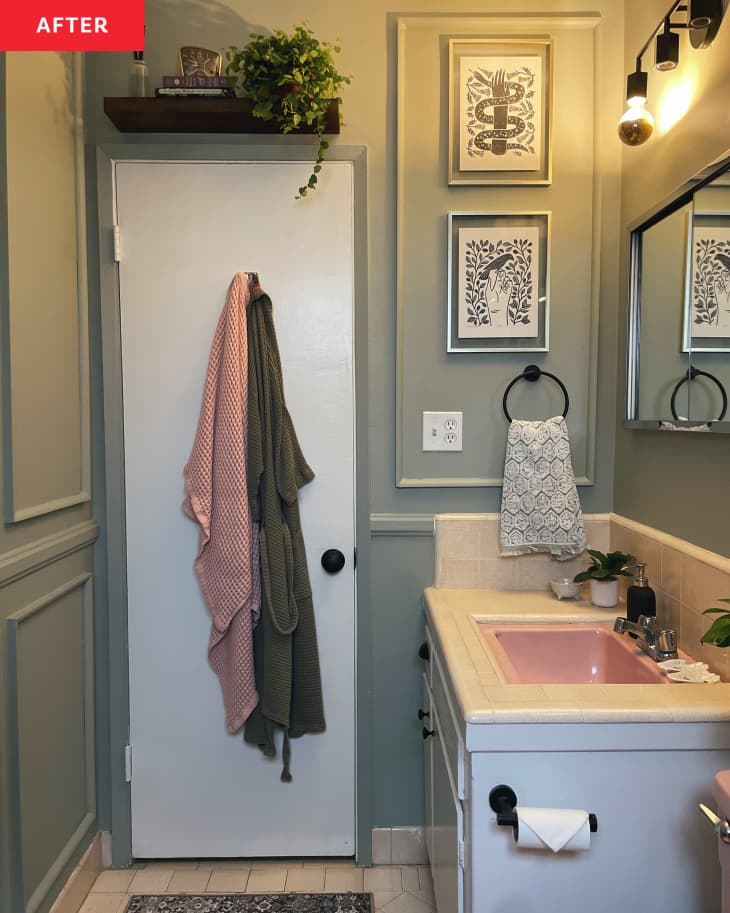 Bathroom painted in Backdrops Roads to Todos Santos. Panels added to walls filled with art prints. Plant filled shelf above door.